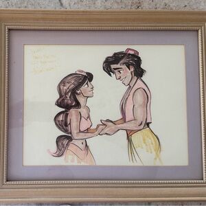 Disney Aladdin and Jasmine Watercolor Illustration with Wood Frame